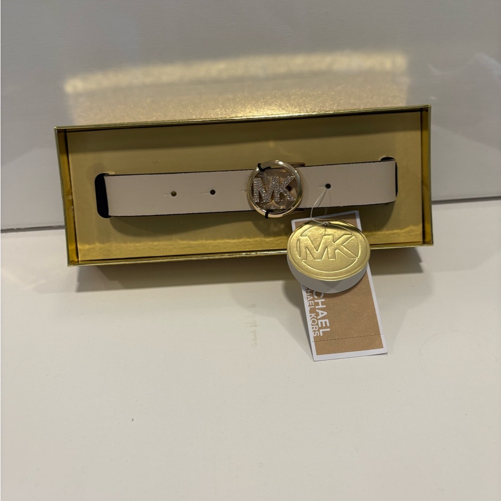 Michael Kors White Belt with Sparkling Gold MK Buckle